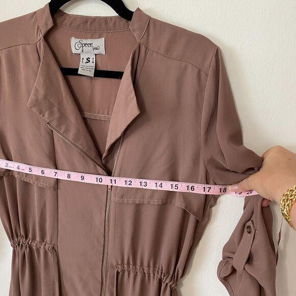 Spoon Milk Chocolate Utility Cinch Waist Tab Sleeve Shirtdress Front Zip S - Picture 7 of 12